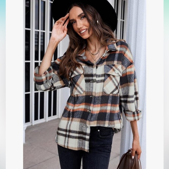 Casual Shacket Brushed Plaid Long Sleeve Flannel Lapel Buttons Pocketed Top - Picture 11 of 11